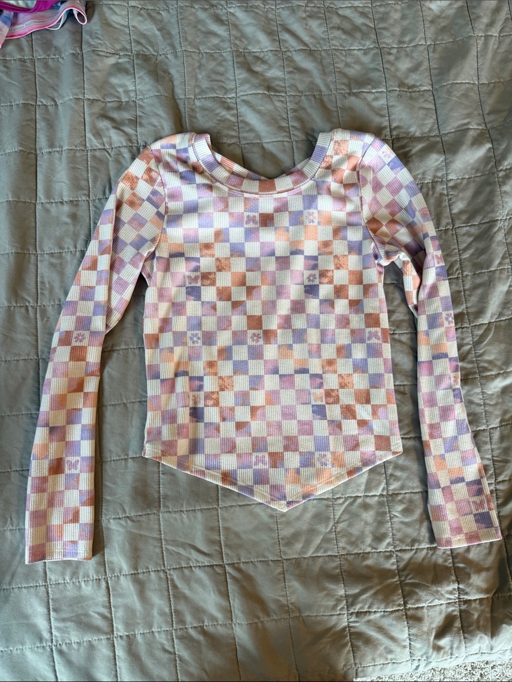 Willow & Root Girls' Pastel Checkered Long Sleeve Top - Pink & Purple